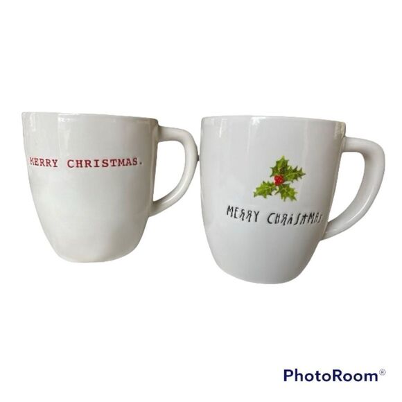 Rae Dunn Magenta Ceramic Large Mugs Typewriter Merry Christmas - Picture 1 of 7